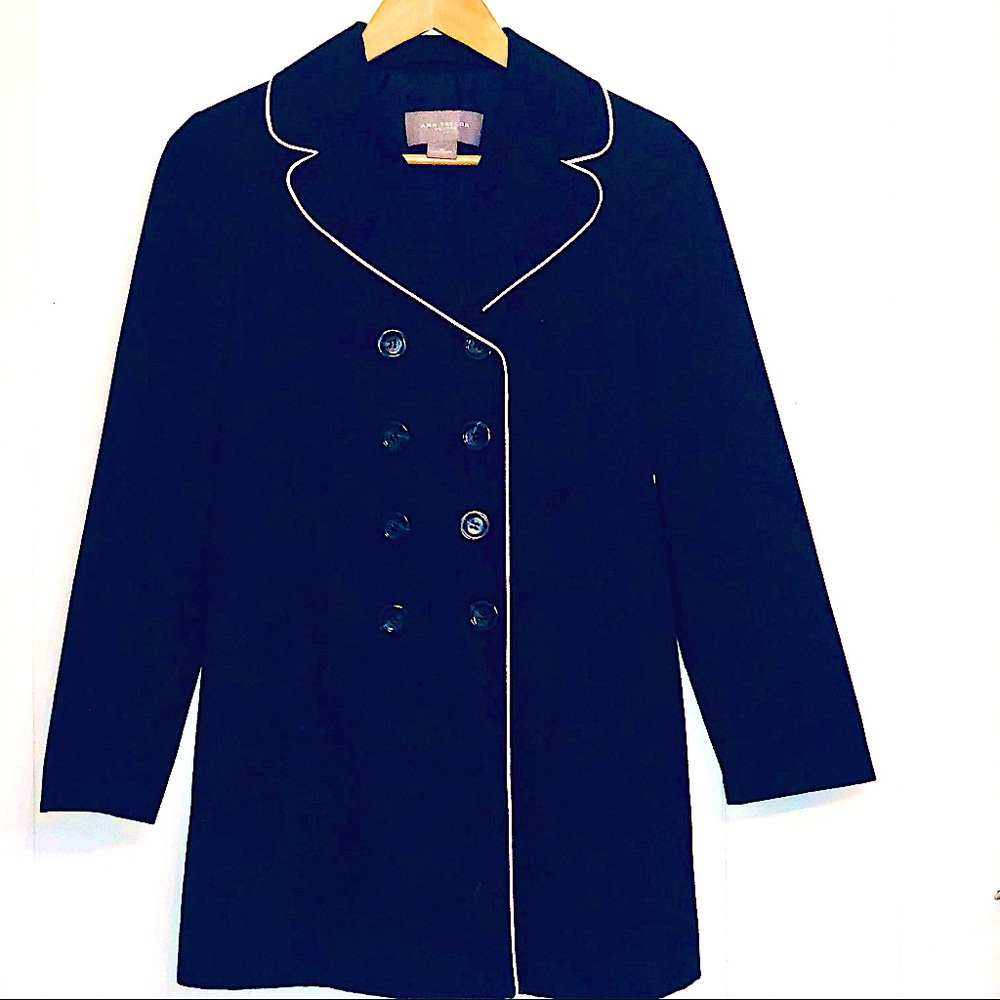 ANN TAYLOR TRENCH COAT NAVY BLUE WITH WHITE TRIM